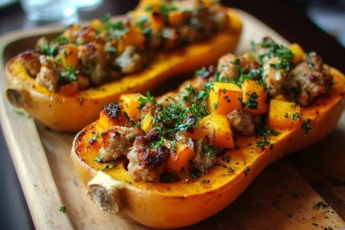 Sausage stuffed butternut squash with herbs and spices on a serving plate