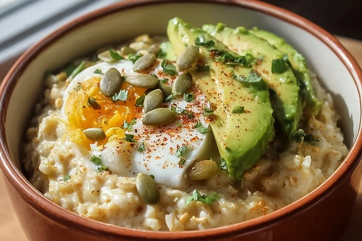 Savory avocado oatmeal topped with fresh herbs and spices.