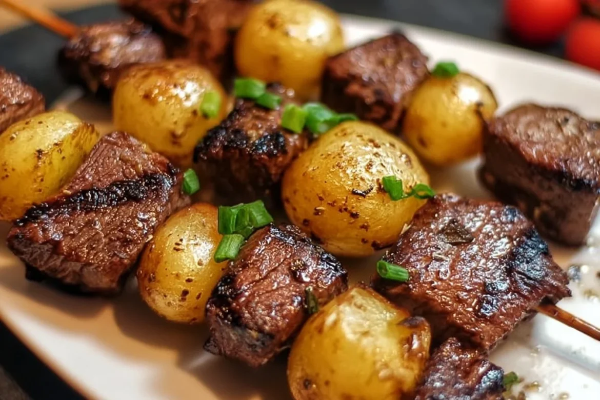 Savory grilled steak and potato kabobs served on a platter