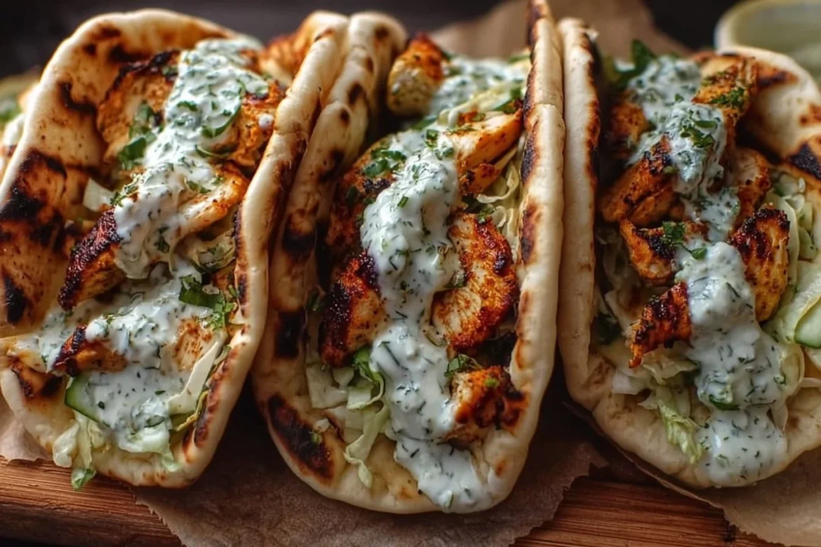 Sheet pan chicken pitas with herby ranch on a wooden plate