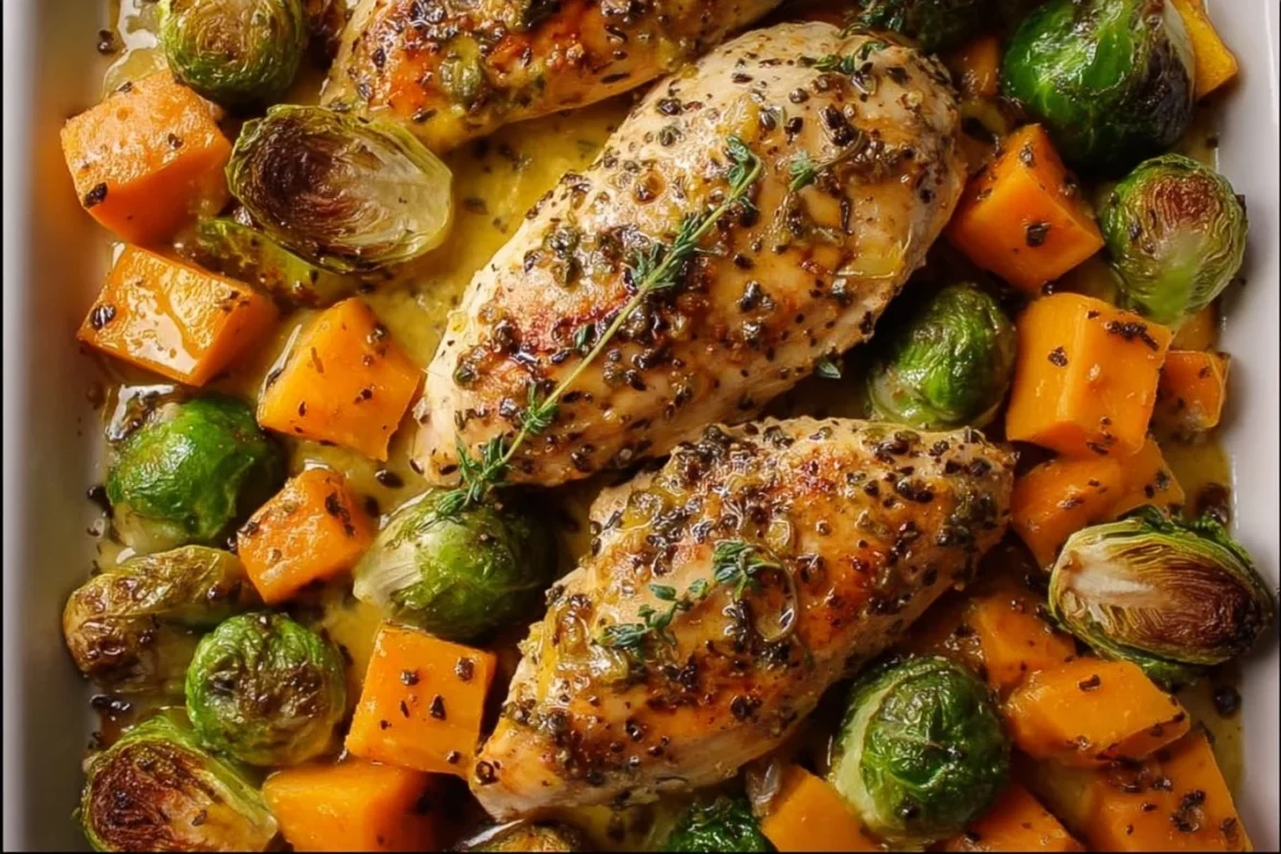 Sheet Pan Honey Dijon Chicken served with sweet potatoes and Brussels sprouts