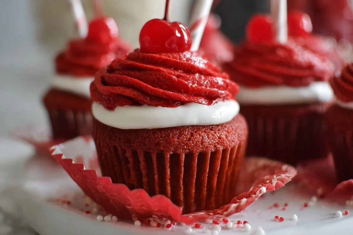 Delicious Shirley Temple cherry cupcakes topped with vibrant red cherries