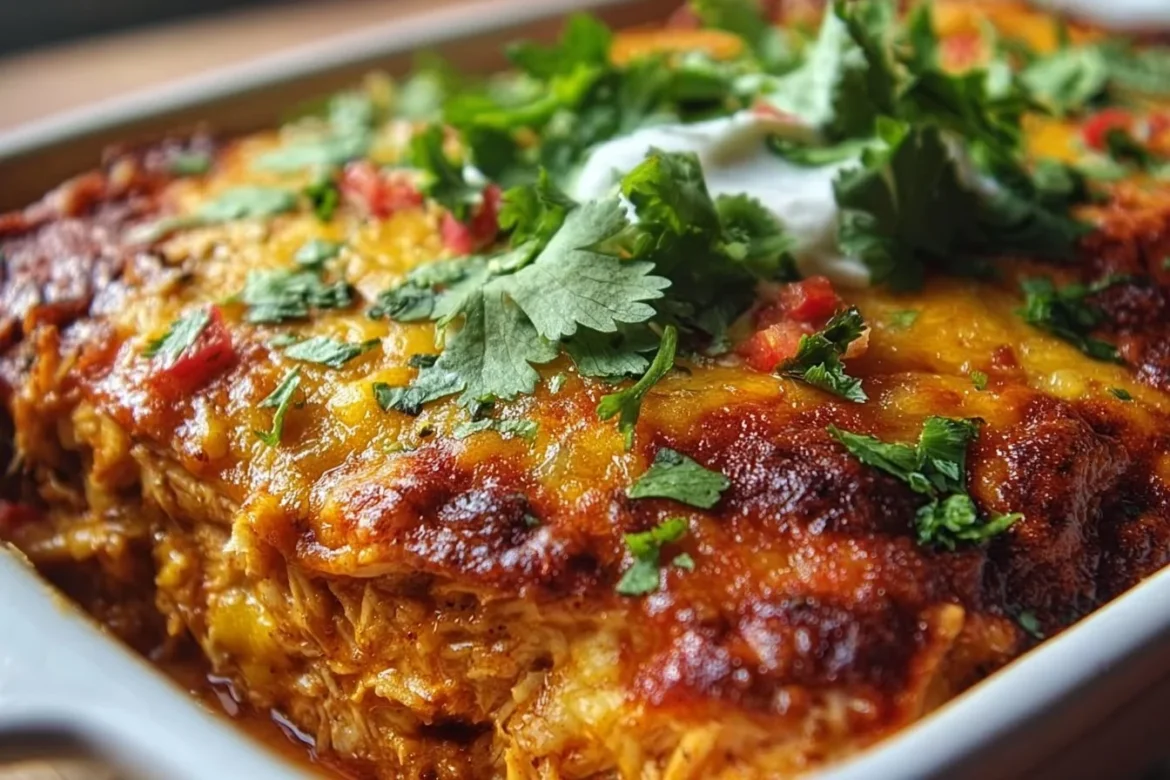Delicious shredded chicken enchilada casserole topped with cheese and fresh ingredients