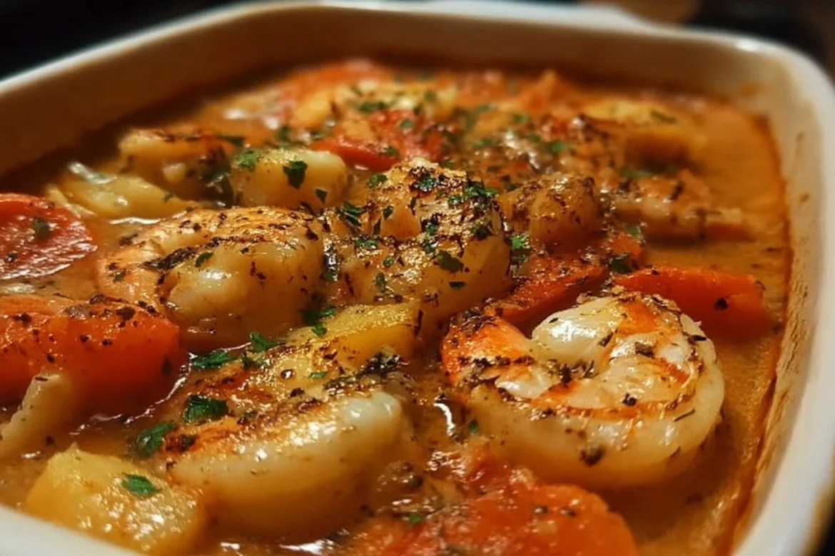 Shrimp and lobster seafood stew in a bowl, garnished with herbs.