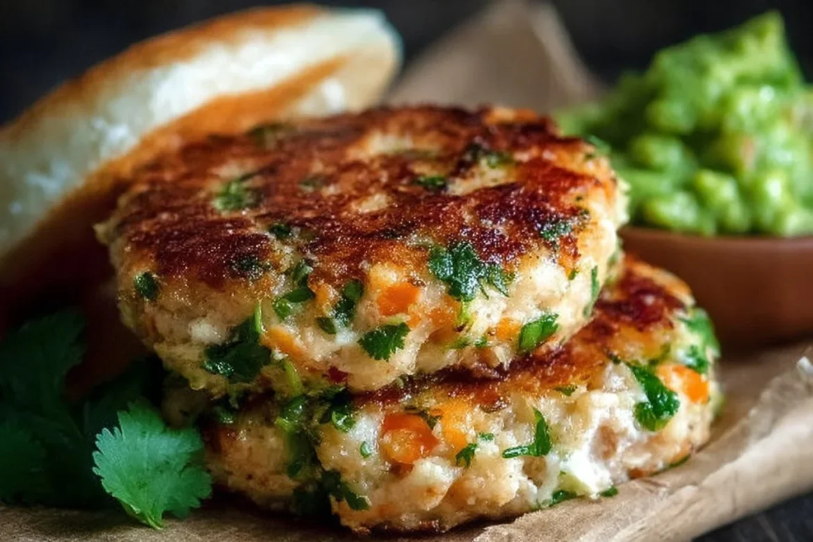 Delicious shrimp burgers topped with cilantro and guacamole on a plate