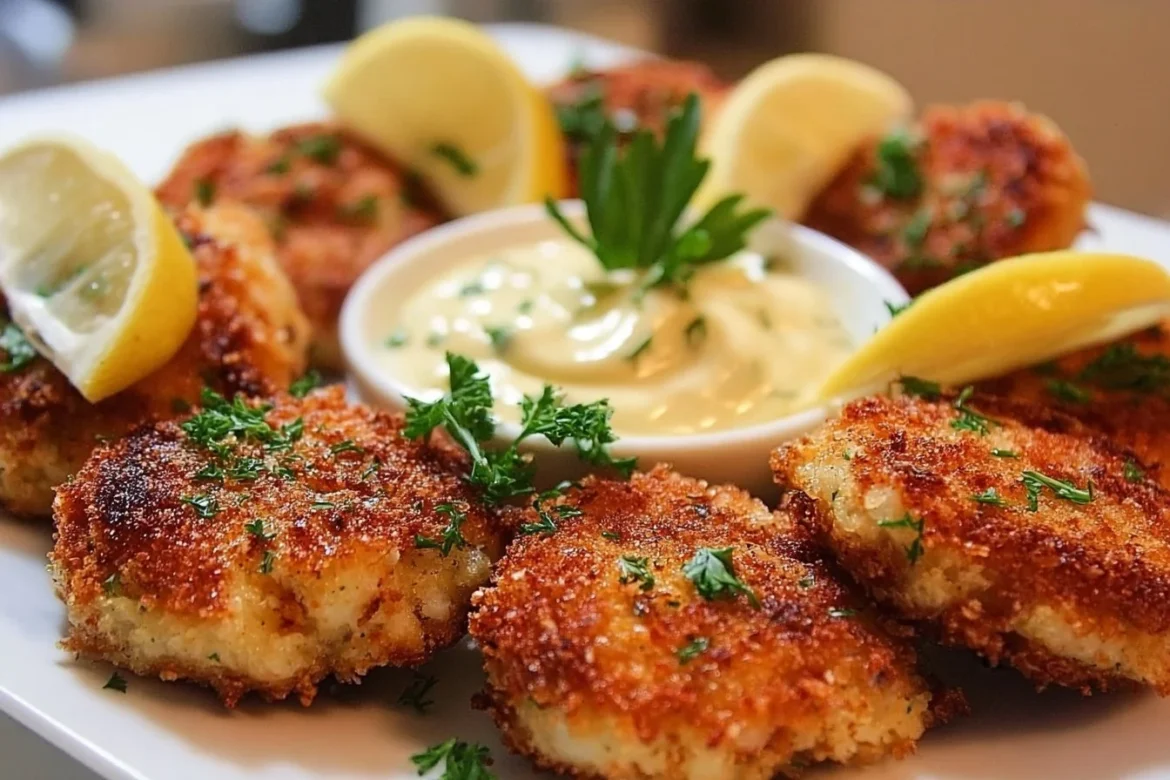 Shrimp cakes served with lemon aioli on a plate garnished with herbs