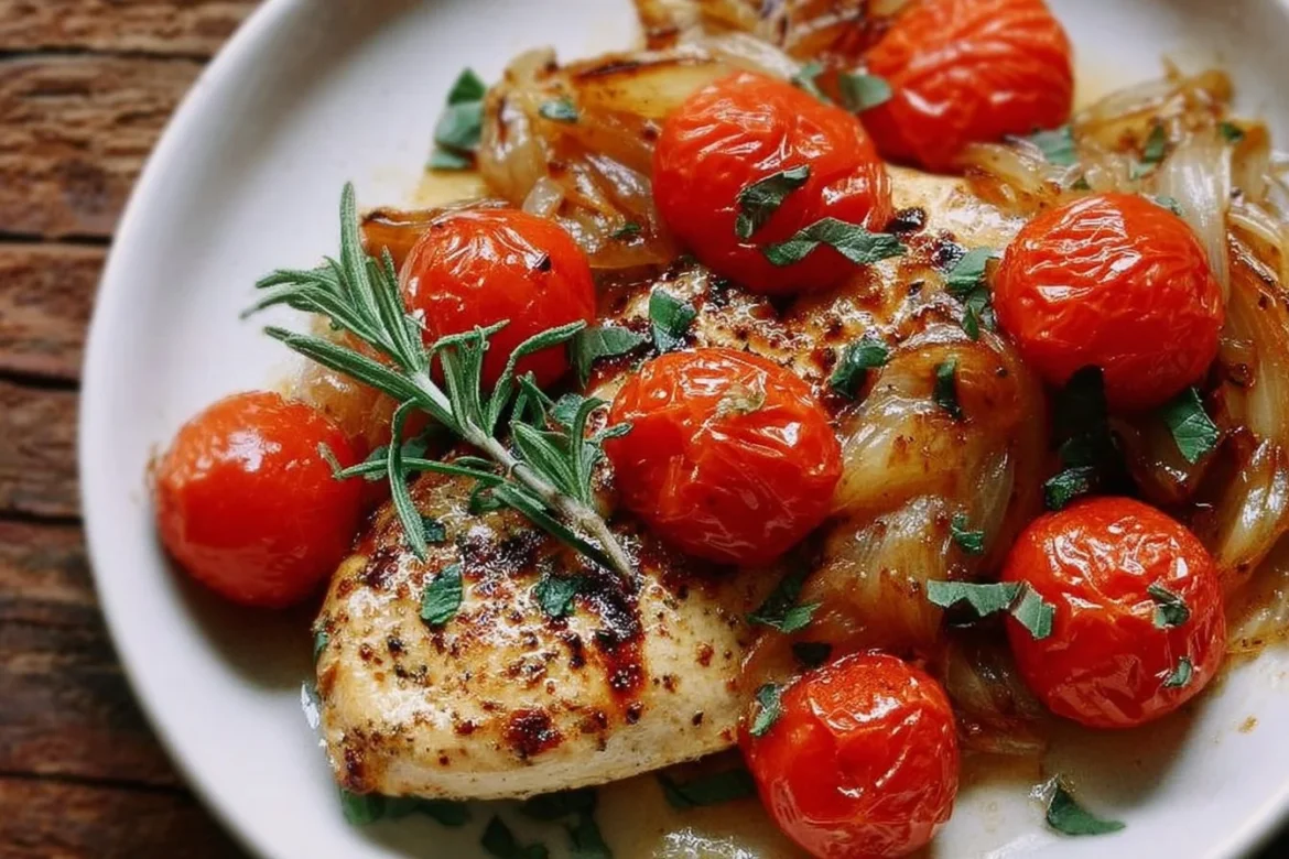 Simple chicken breast dish with onions and tomatoes for a healthy dinner.