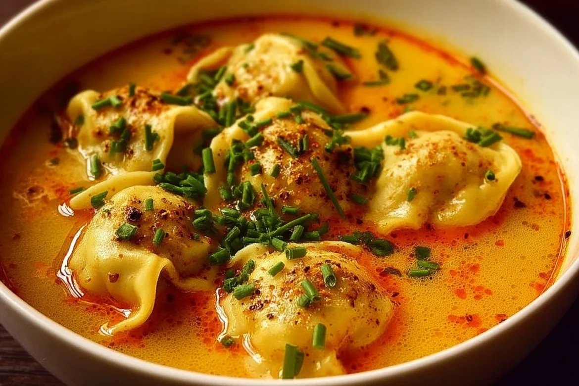 Bowl of simple coconut curry soup with dumplings garnished with fresh herbs