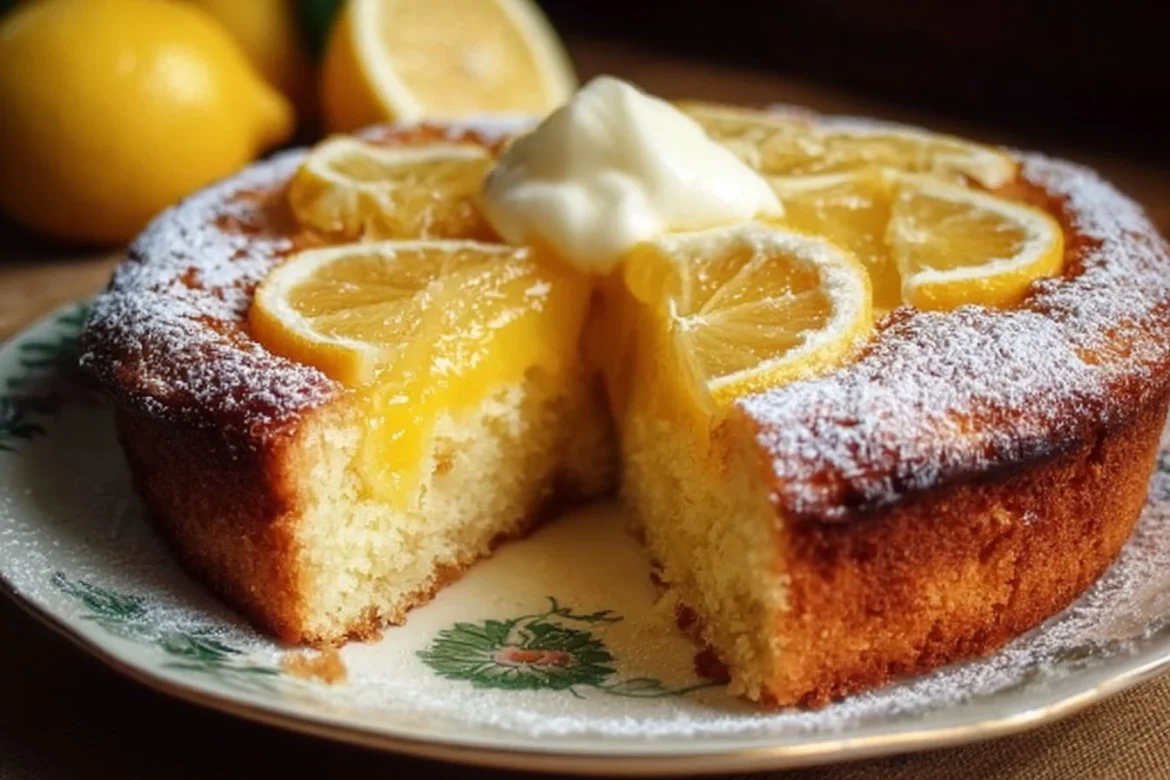 Delicious Simple Lemon Curd Cake topped with fresh lemon slices