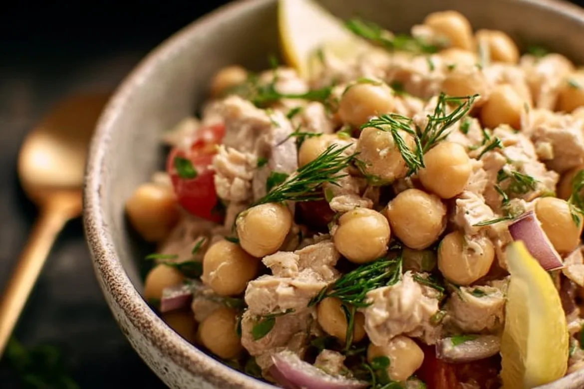 Simple Tuna Chickpea Salad with fresh vegetables and dressing