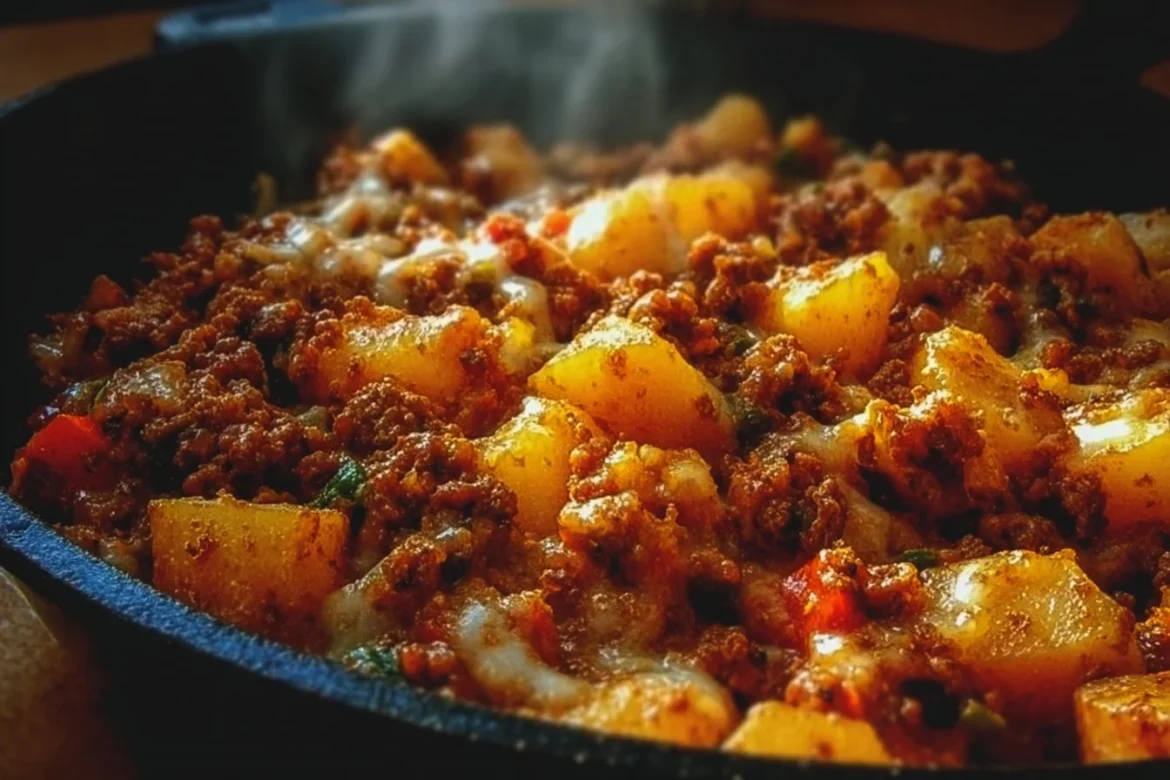 Sloppy Joe Potato Skillet with ground beef, potatoes, and cheese on a plate
