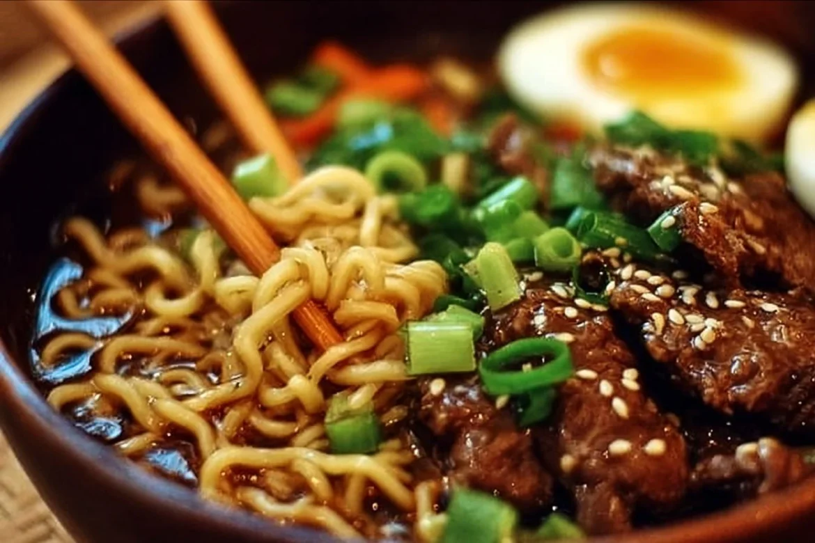 Delicious slow cooker beef ramen noodles in a bowl with fresh toppings.