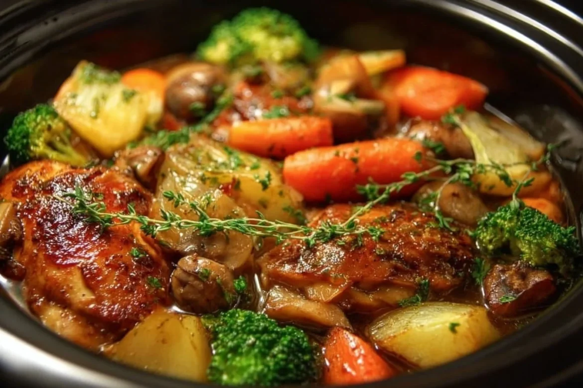 Slow Cooker Honey Garlic Chicken with vibrant veggies in a bowl