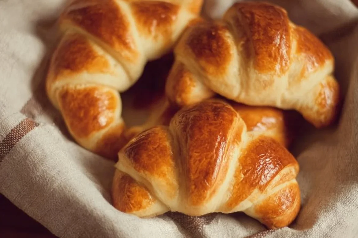 Freshly baked sourdough discard crescent rolls on a wooden table.