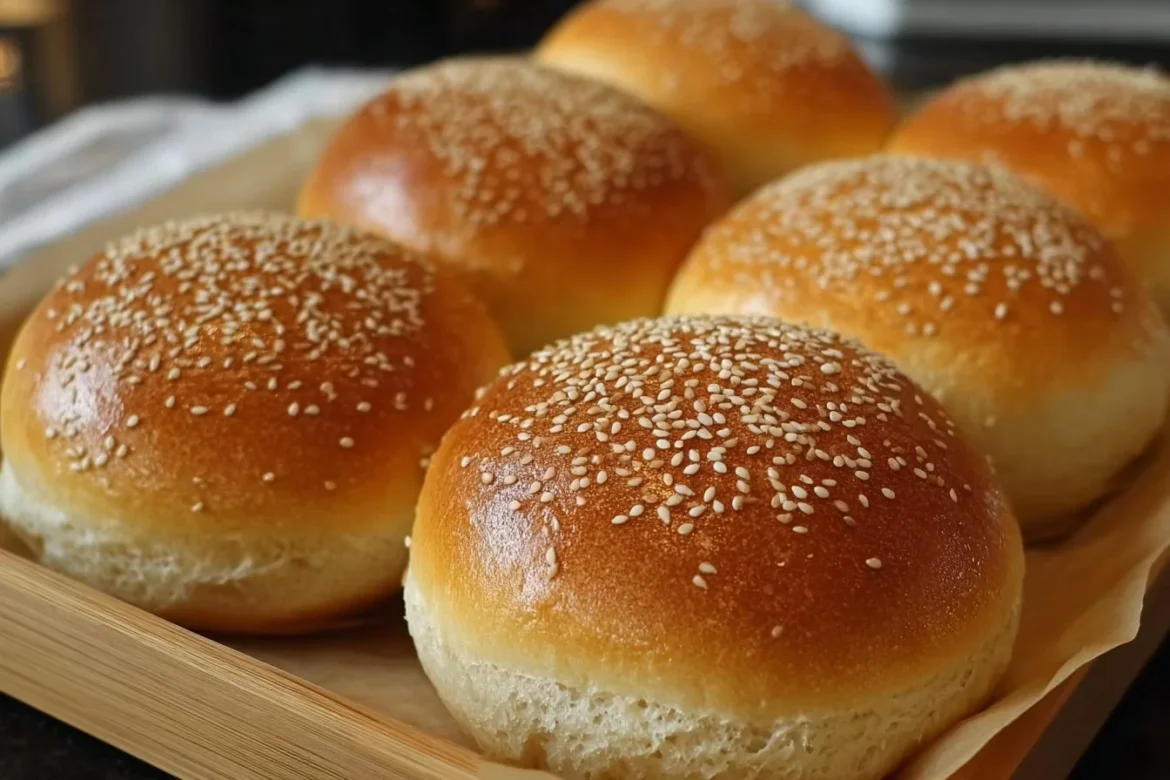 Freshly baked sourdough discard hamburger buns on a wooden table