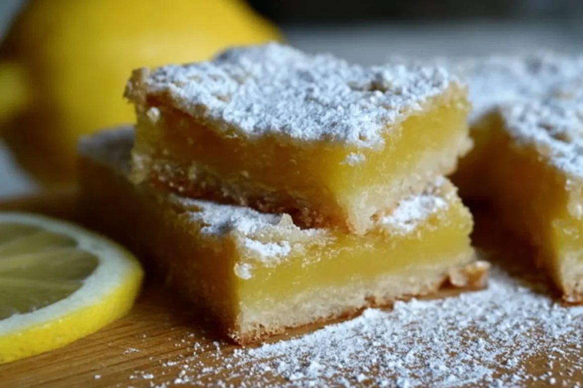 Delicious homemade sourdough lemon bars on a wooden table