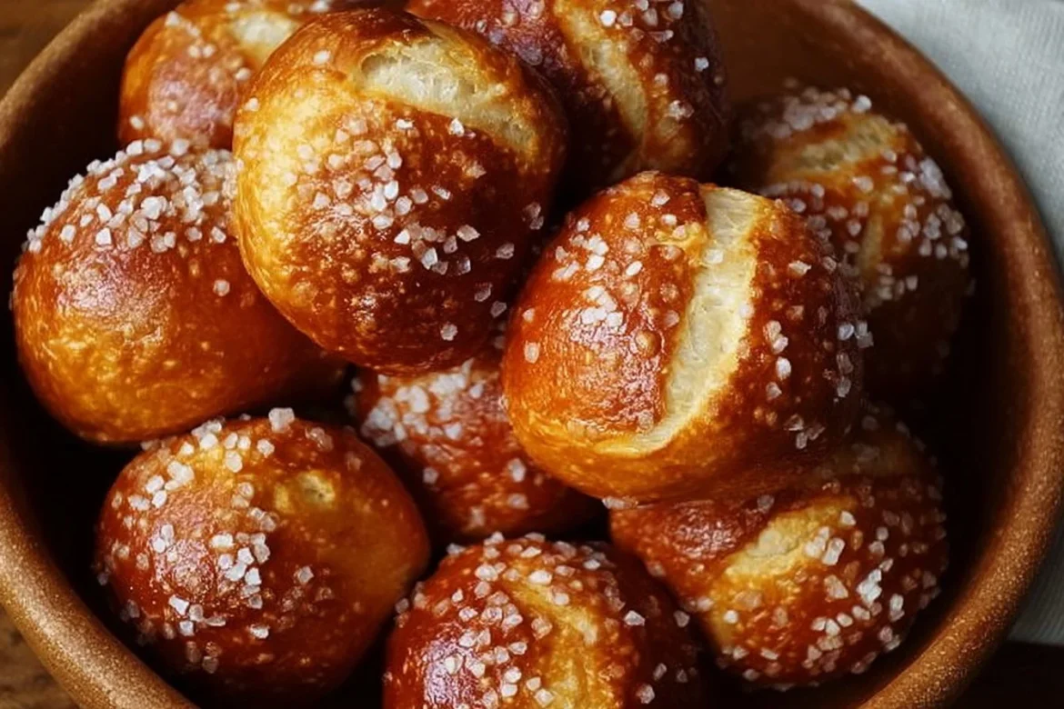 Freshly baked sourdough pretzel bites with a golden brown crust