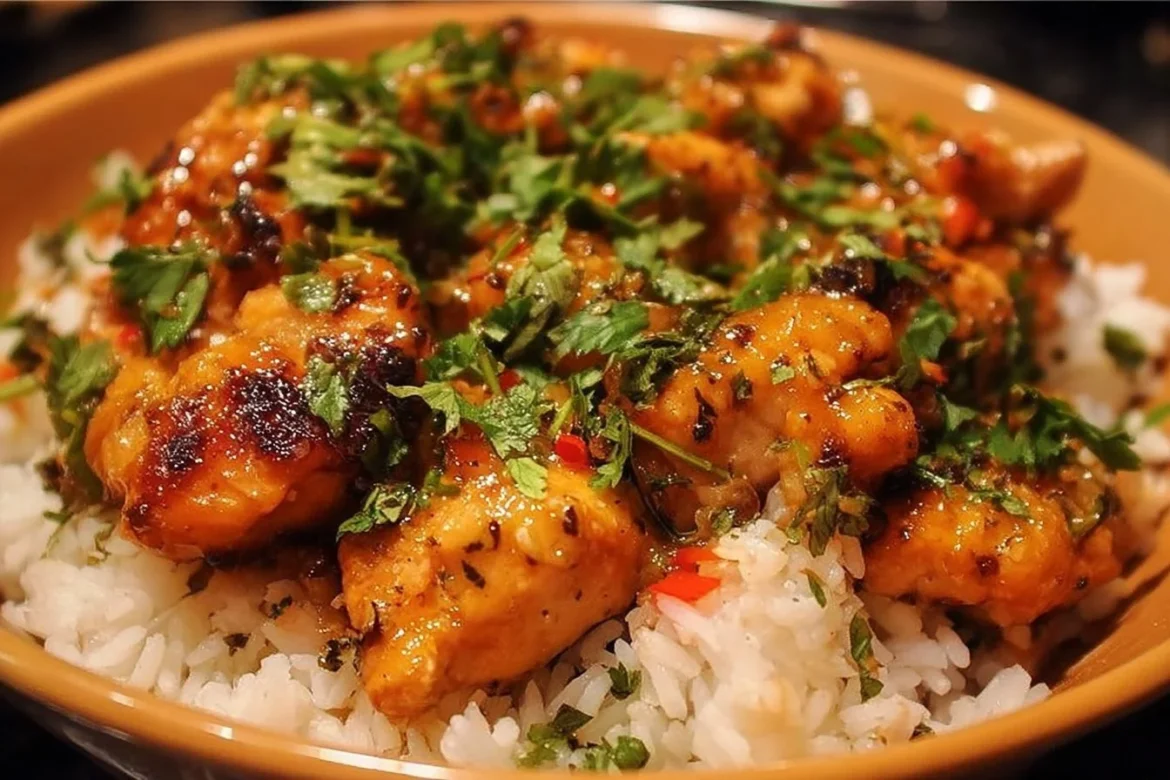 Delicious Spicy Maple Chicken dish served with coconut rice