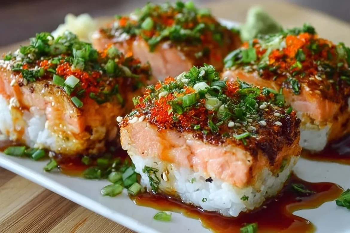Baked spicy salmon sushi dish served with toppings and nori
