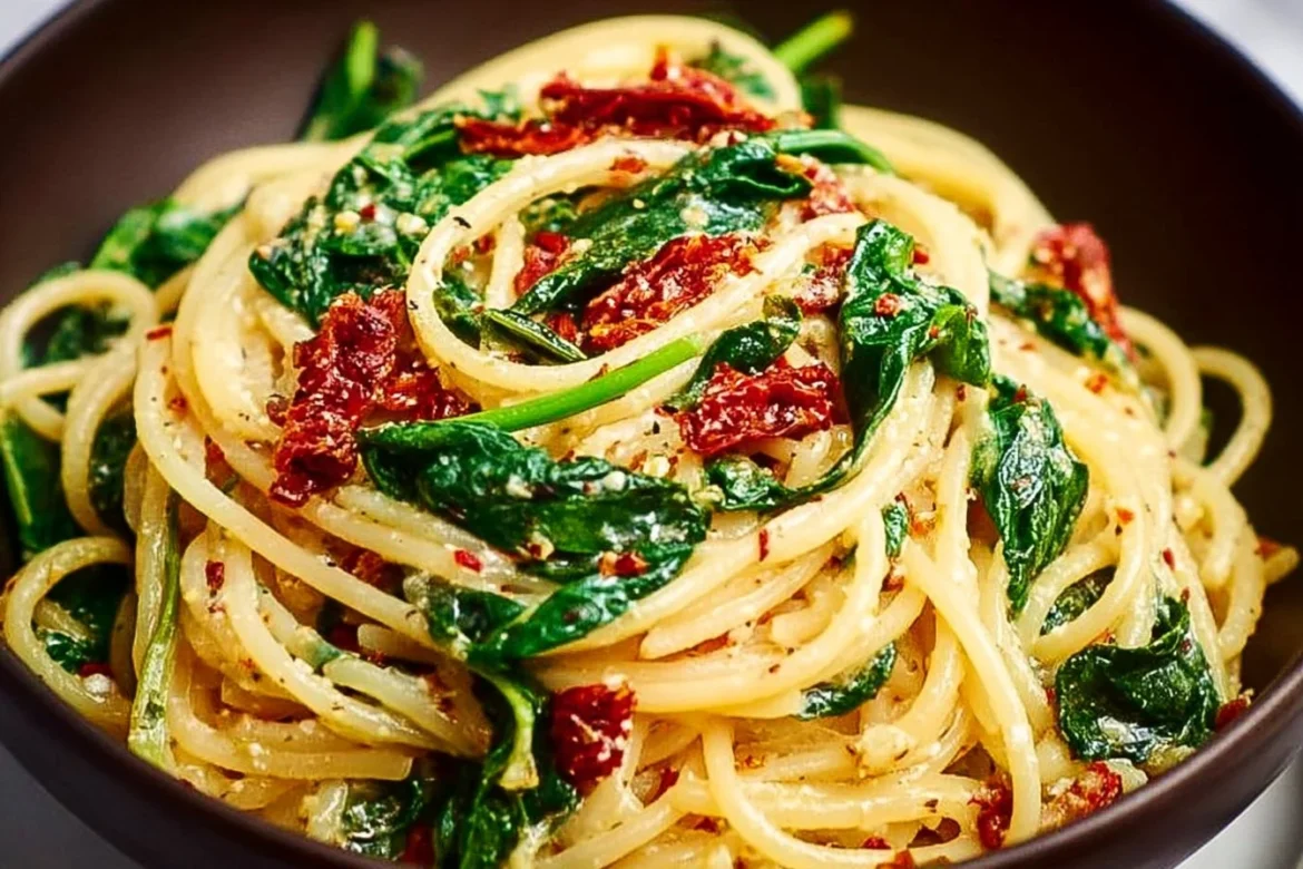 Spicy spinach pasta with sun-dried tomatoes, garnished and ready to serve.
