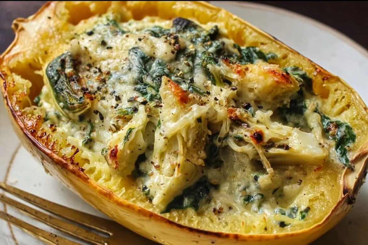 Spinach and artichoke stuffed spaghetti squash served on a plate