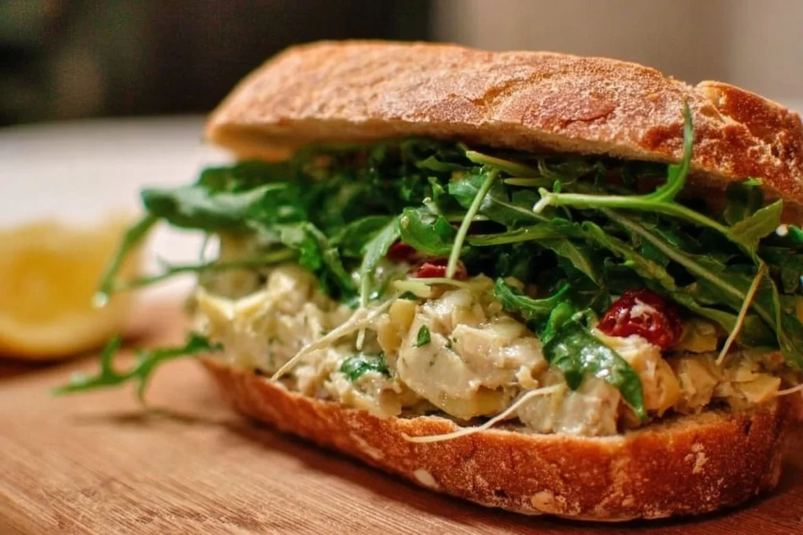 Spinach Artichoke White Bean Sandwich on a plate with fresh ingredients