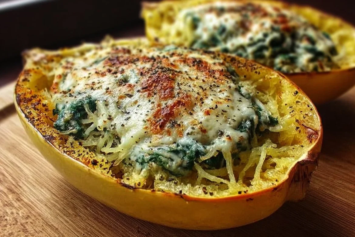 Delicious spinach stuffed spaghetti squash on a plate, garnished and ready to serve.