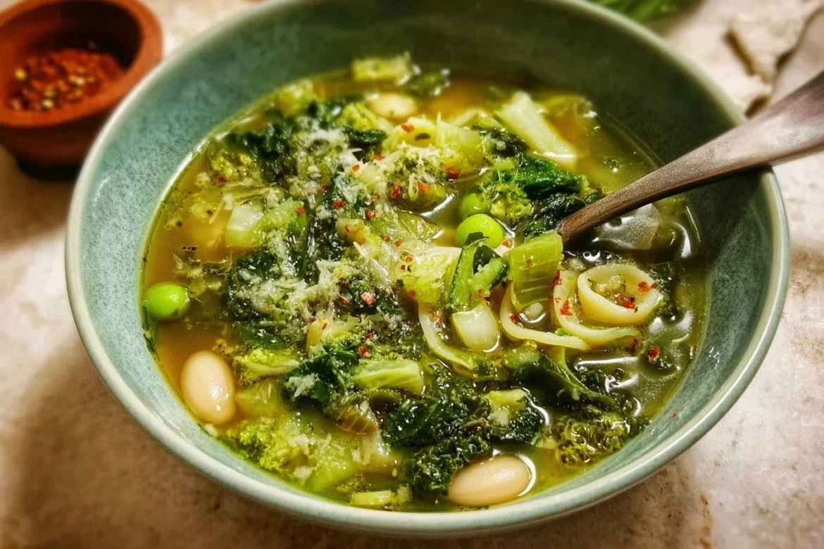 Bowl of colorful Spring Green Minestrone filled with fresh vegetables