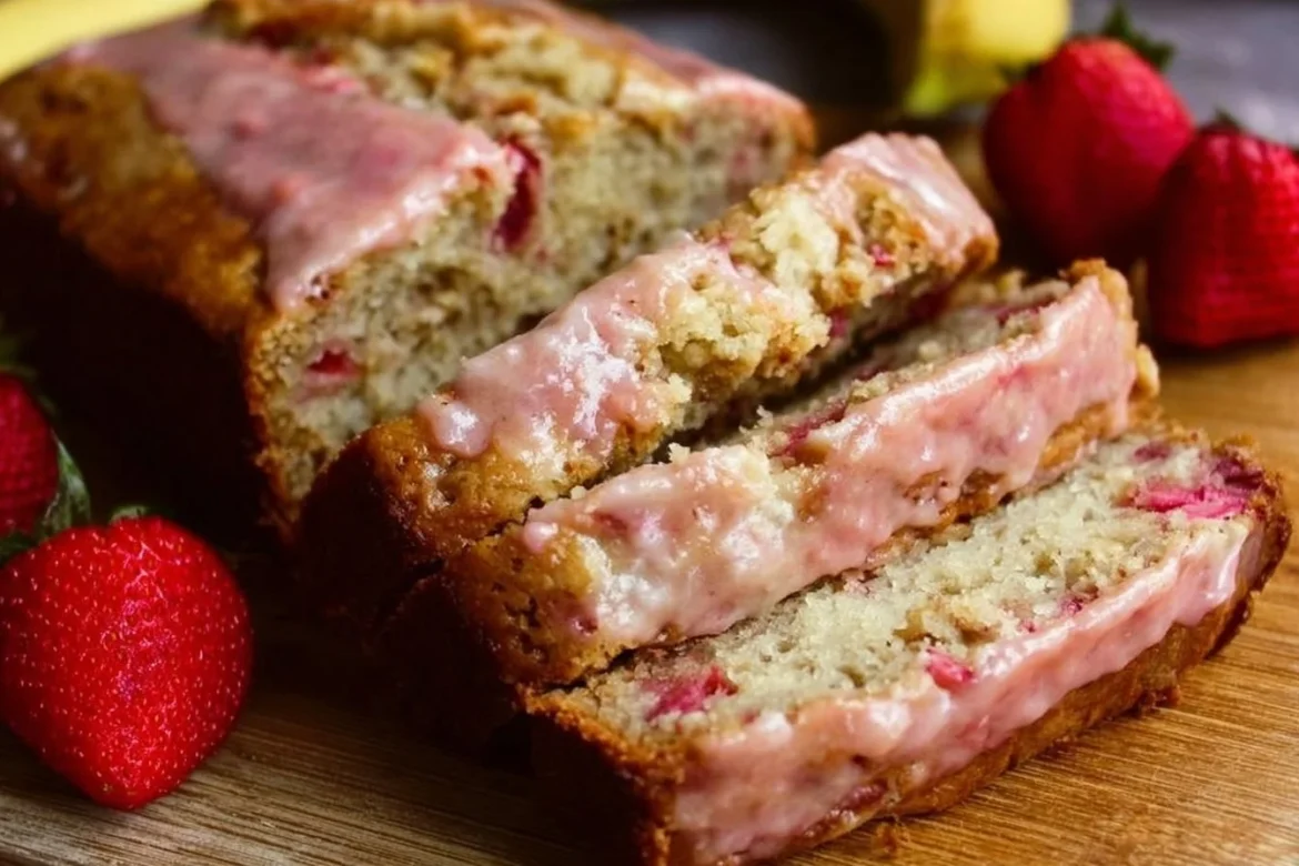 Loaf of freshly baked strawberry banana bread with slices cut for serving.
