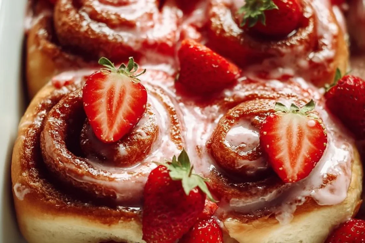 Delicious homemade strawberry cinnamon rolls fresh out of the oven