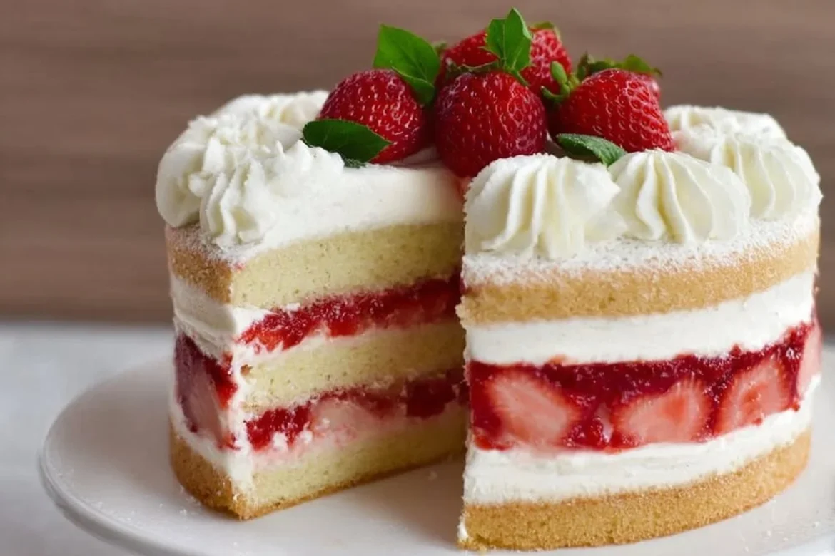 A slice of Strawberry Mascarpone Cake topped with fresh strawberries and whipped cream.