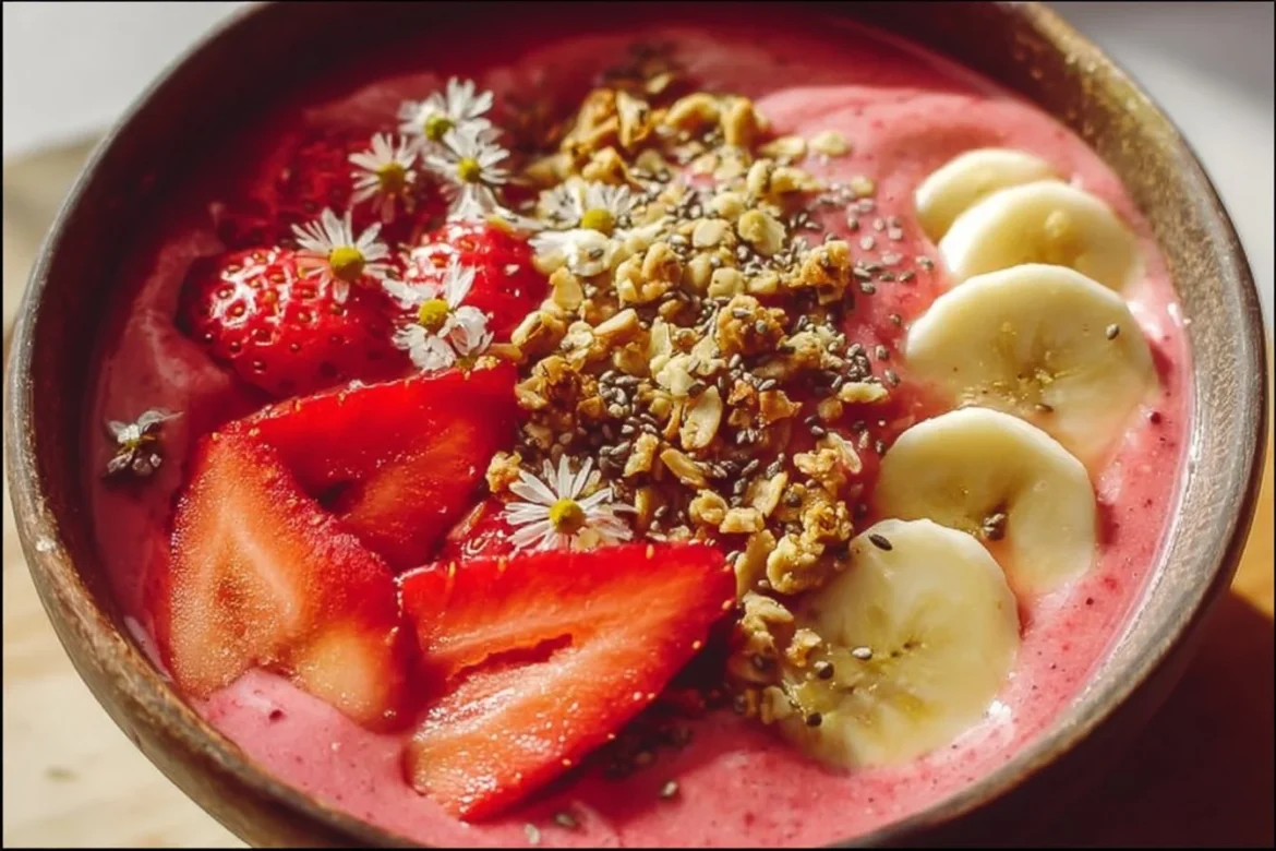 Delicious strawberry smoothie bowl topped with fresh fruits and seeds