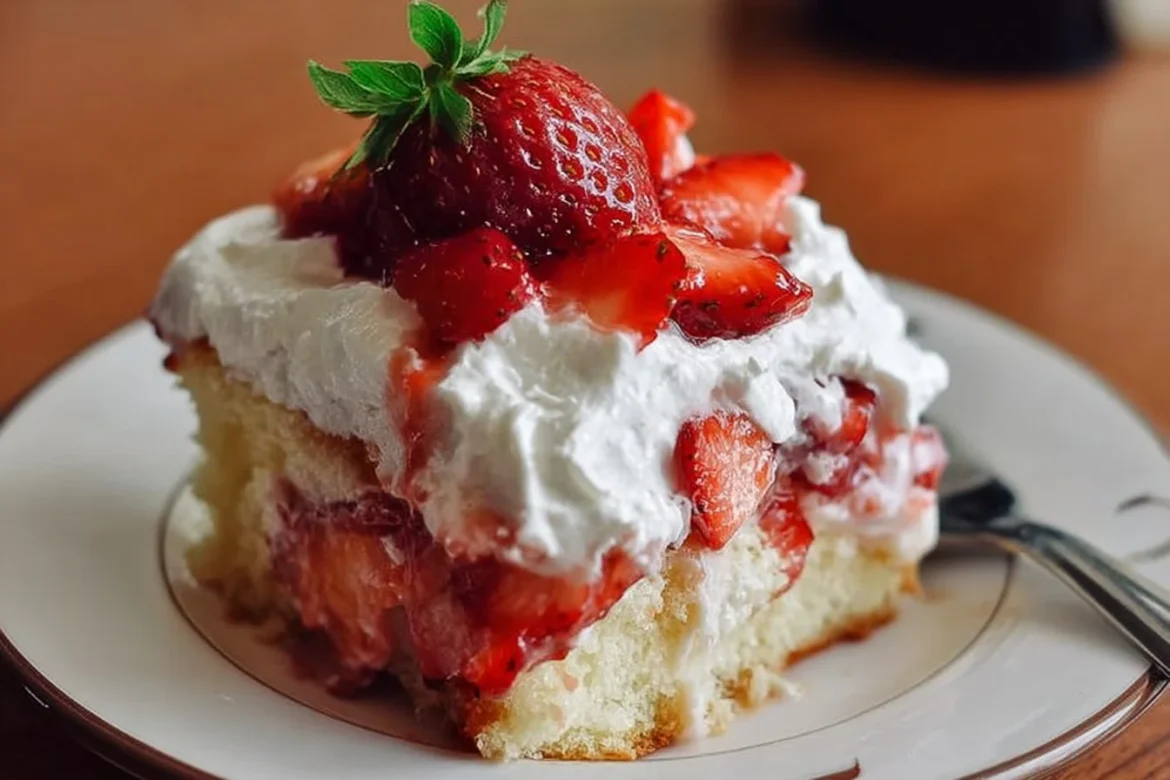 Slice of Strawberry Three Milks Cake topped with fresh strawberries and whipped cream