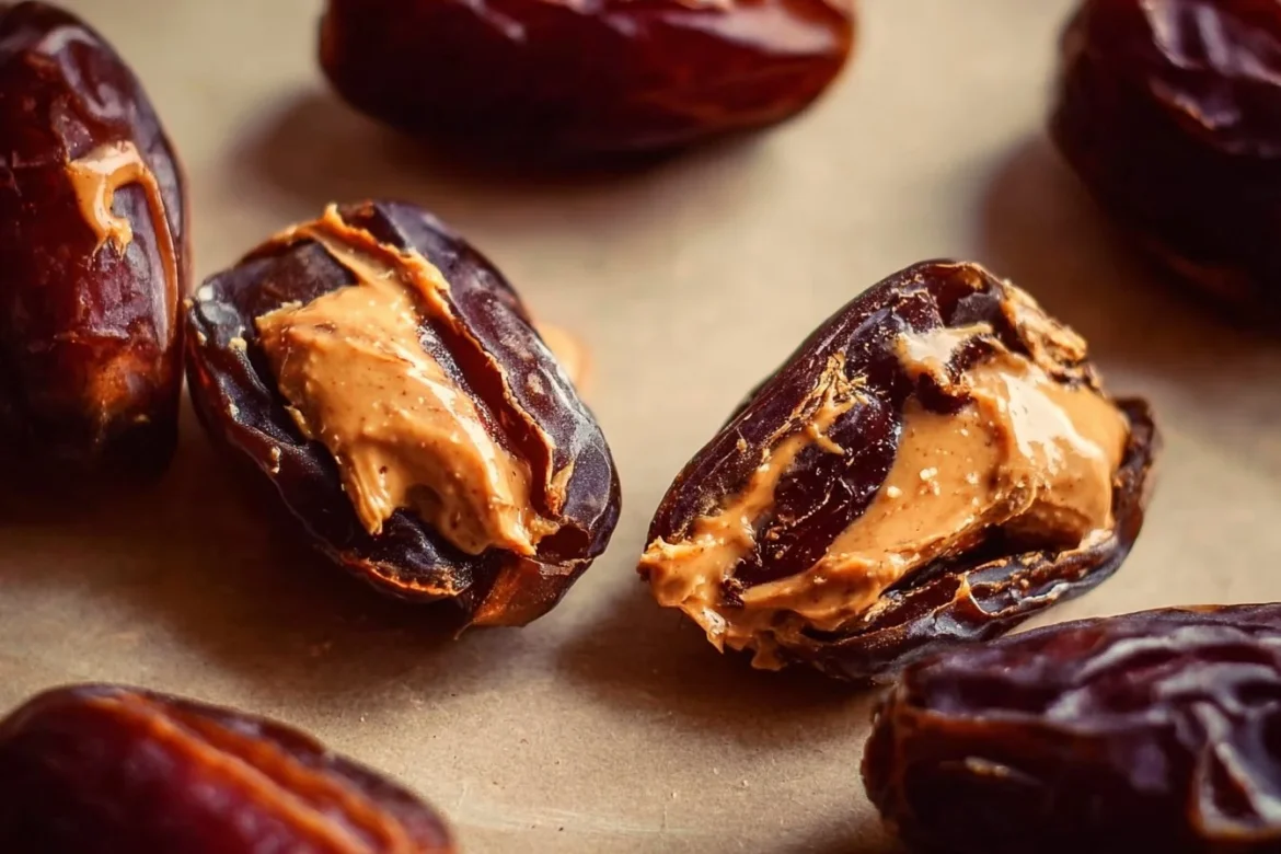 Delicious stuffed dates filled with peanut butter and topped with chocolate