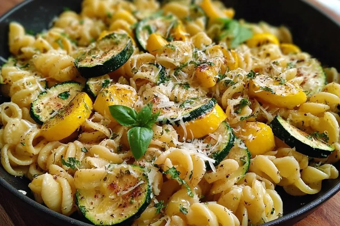 Summer squash pasta skillet with colorful veggies and herbs