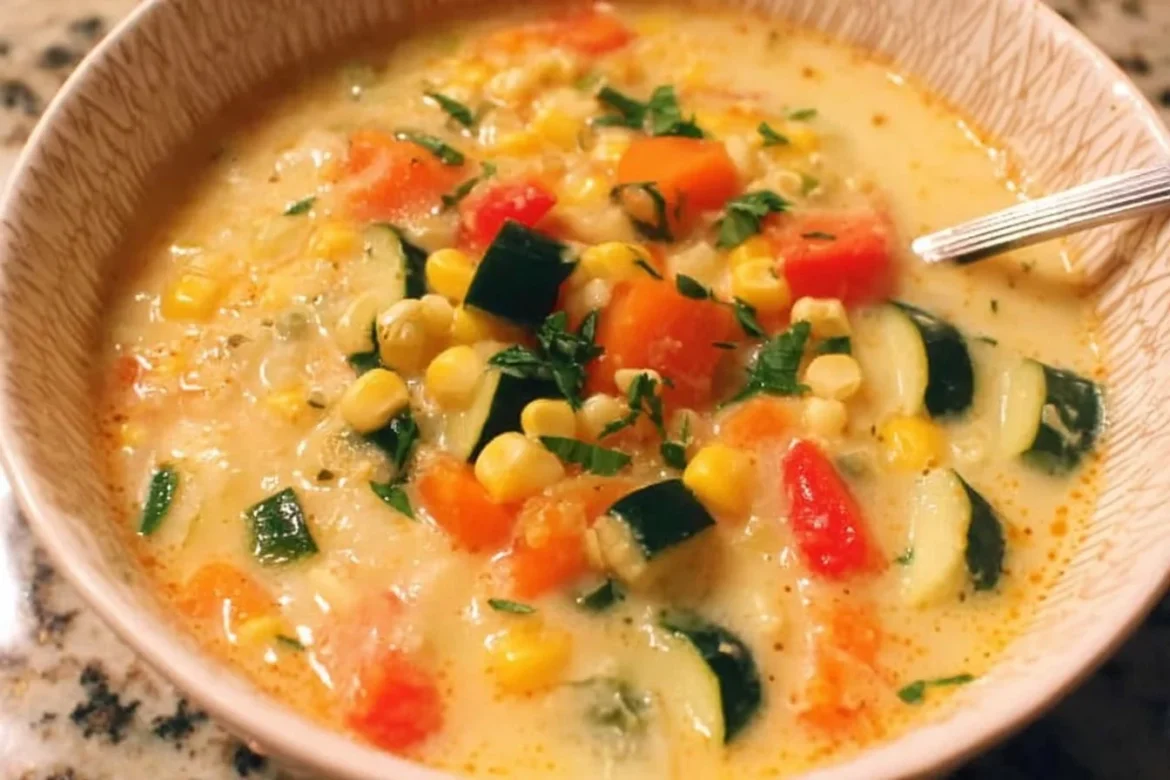 A bowl of summer vegetable chowder with colorful vegetables and herbs