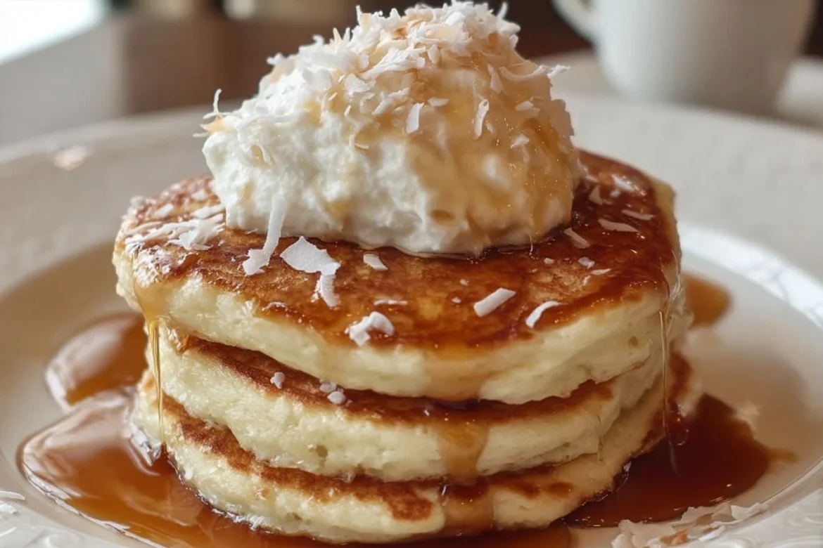 Delicious stack of sweet coconut cream pancakes topped with coconut flakes and syrup