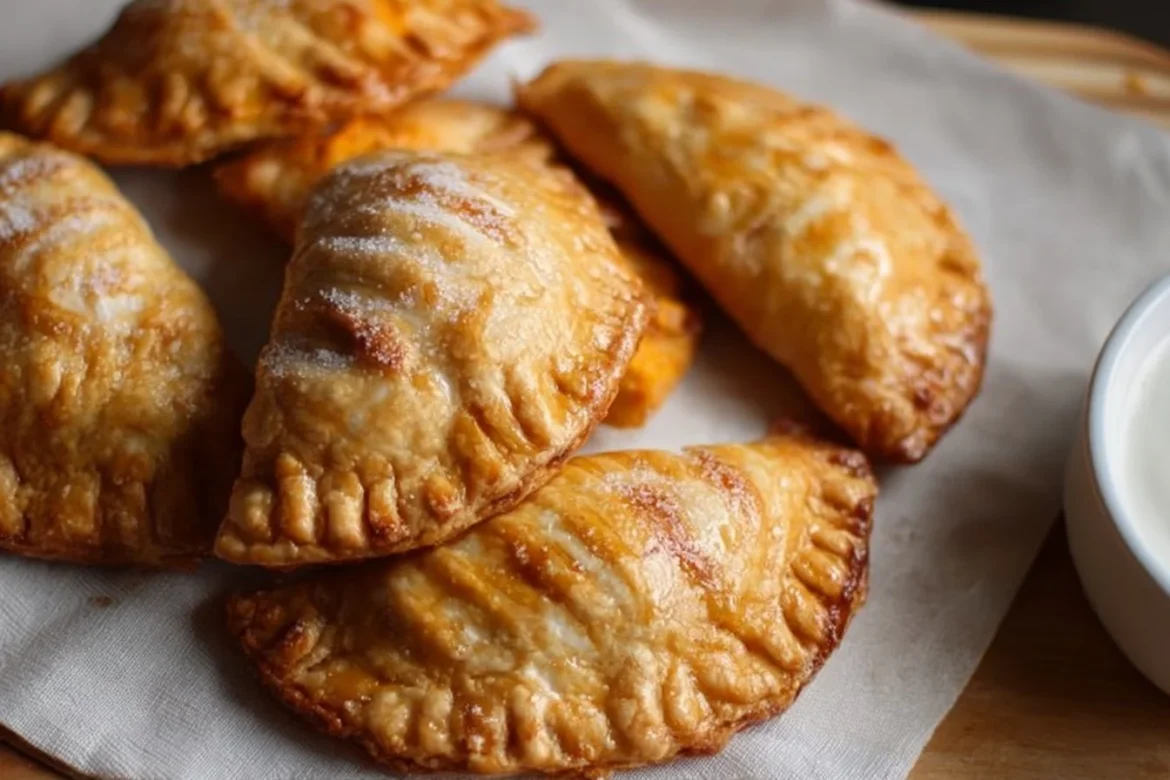 Golden brown sweet potato hand pies on a rustic wooden table