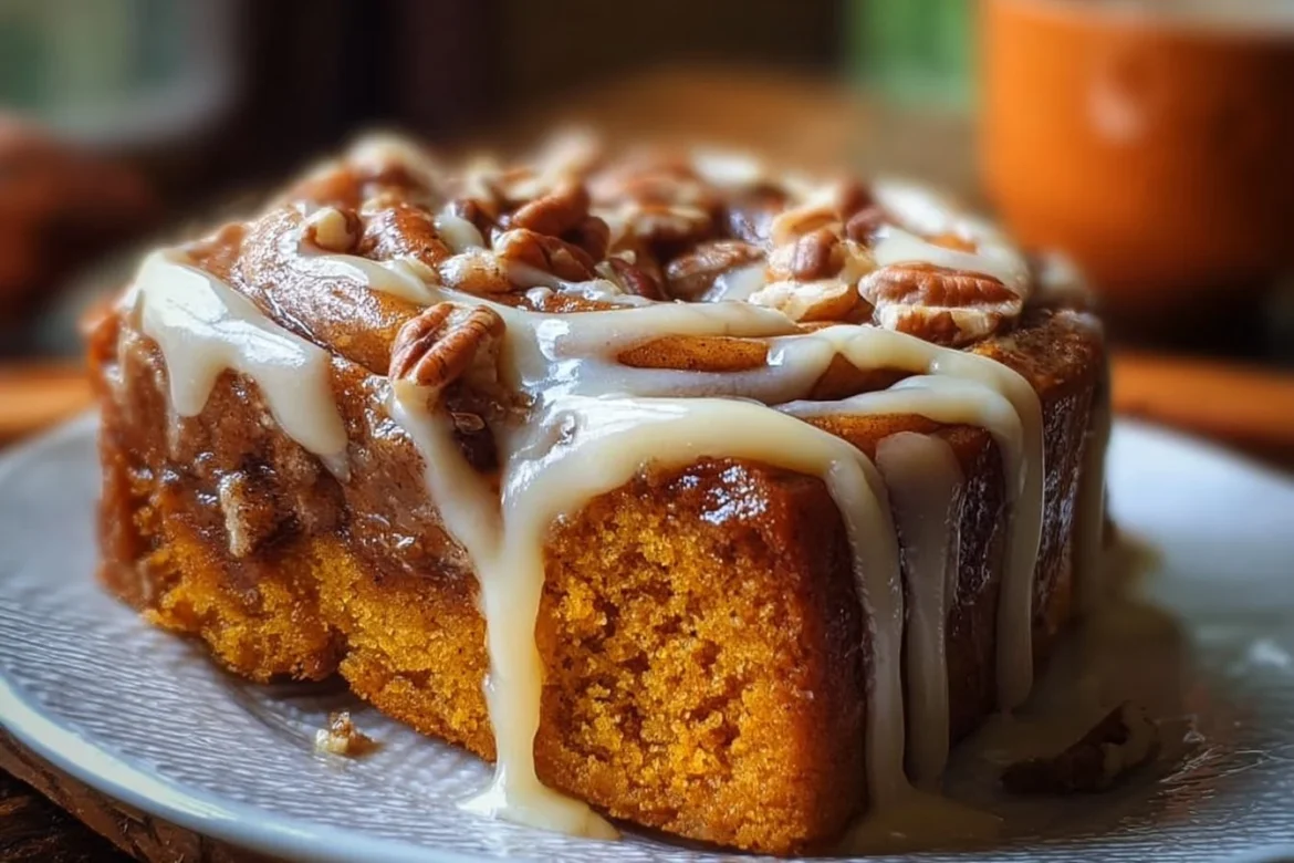 Delicious Sweet Potato Honeybun Cake topped with icing and served on a plate.