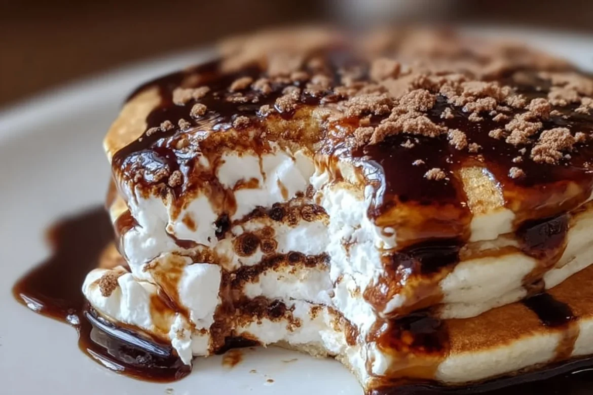 Fluffy S'mores Pancakes topped with chocolate, marshmallows, and graham cracker crumbs.
