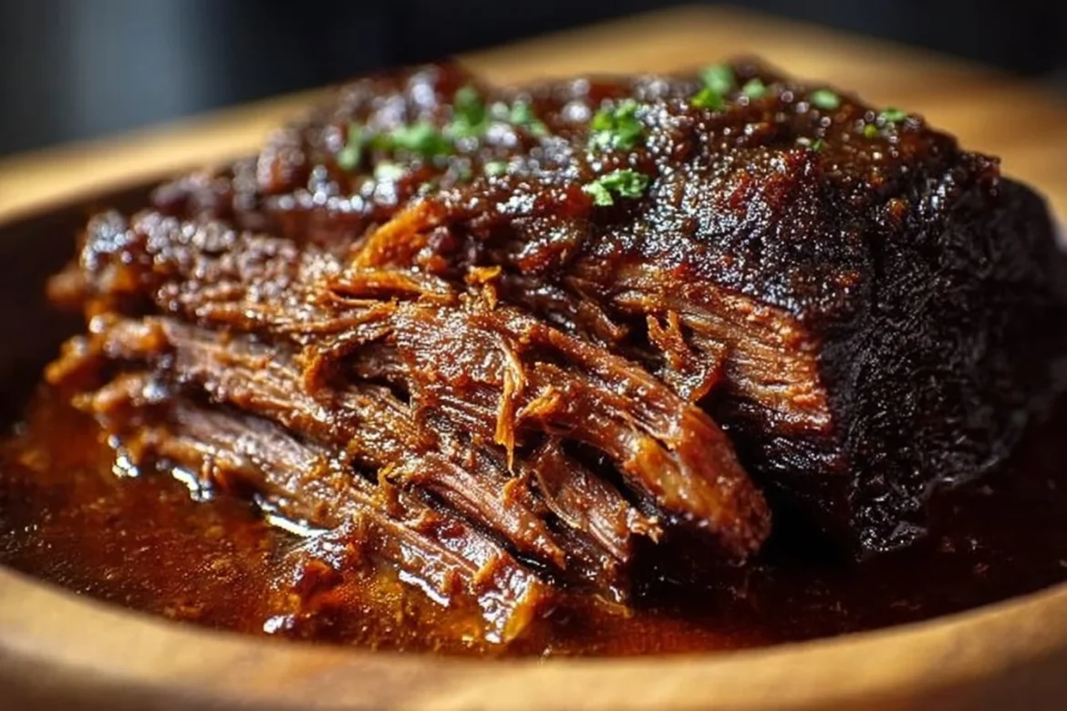 Sweet spicy and savory caramelized pulled beef brisket served on a plate