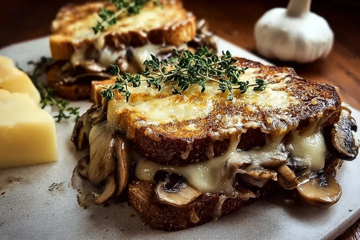Swiss Mushroom Melt with melted cheese and sautéed mushrooms on toasted bread
