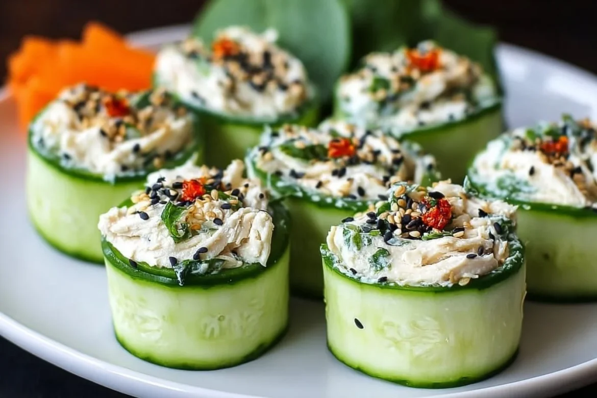 Tasty chicken salad cucumber roll ups served on a platter