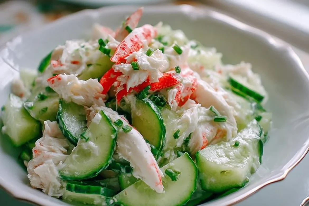 Refreshing cucumber salad with crab meat, garnished for flavor and presentation