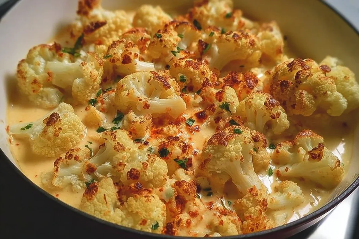 Delicious cauliflower mac and cheese baked and served in a bowl