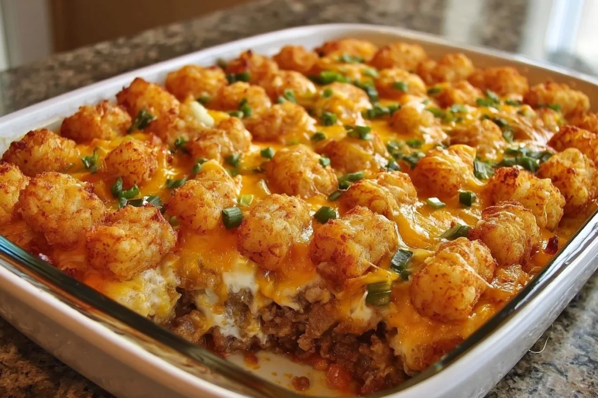 Delicious Tater Tot Casserole baked with crispy tots and savory filling