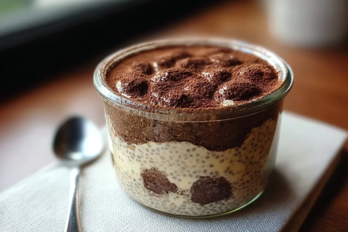 Delicious bowl of tiramisu chia pudding topped with cocoa and coffee flavor