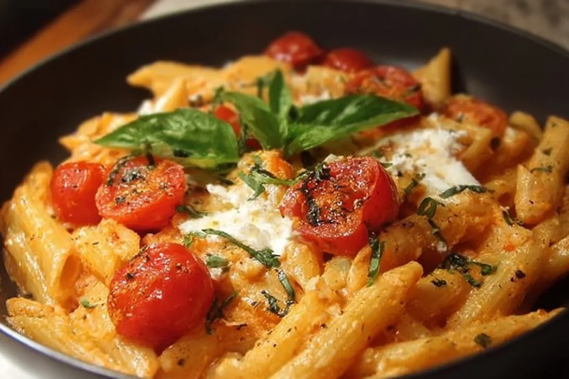 A plate of creamy tomato ricotta pasta garnished with fresh herbs.
