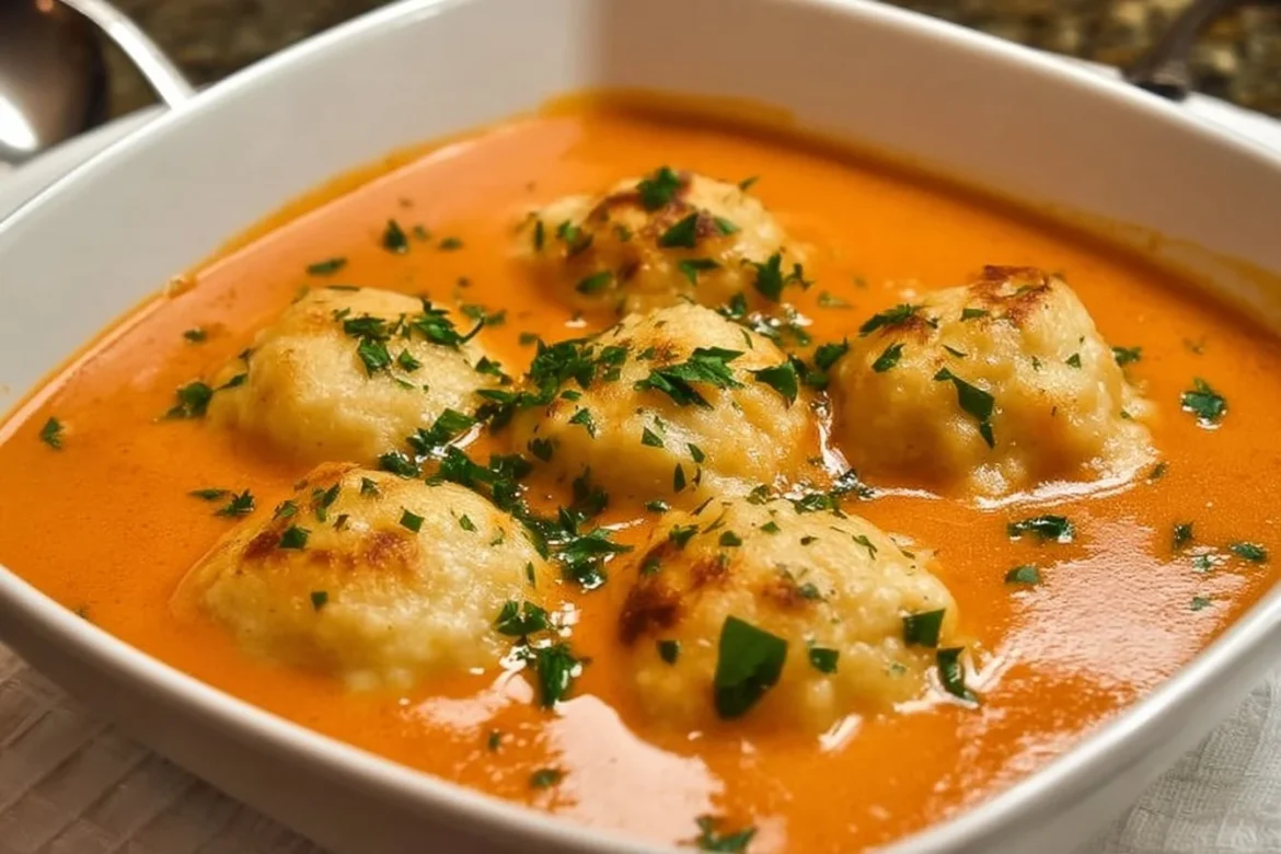 Bowl of Tomato Soup garnished with Cheddar Bay Dumplings on a wooden table