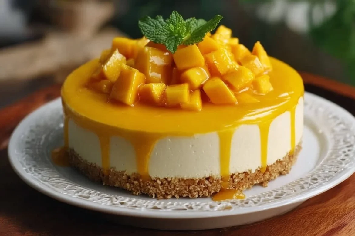 Tropical Paradise Mango Cheesecake with vibrant mango topping